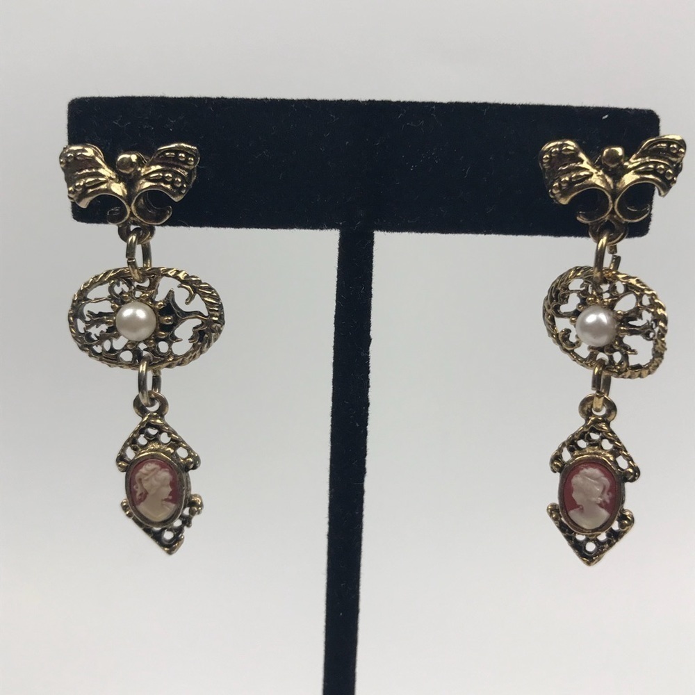 Antique Gold Tone Cameo Faux Pearl Dangle Earrings